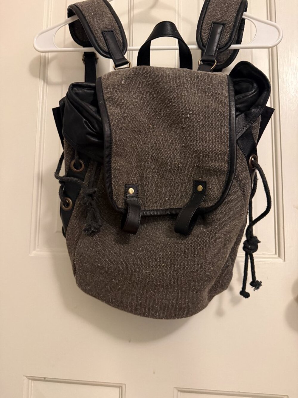 Free People Brown Tweed & Leather Backpack ā Ruched Sides ā Excellent Condition